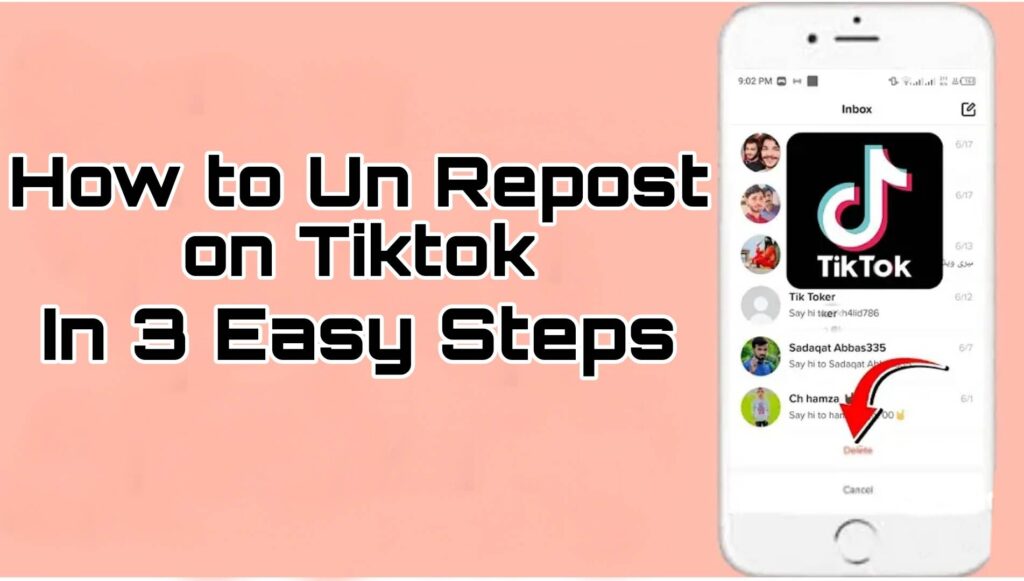 Step-by-step infographic demonstrating how to un-repost on TikTok in three easy steps.