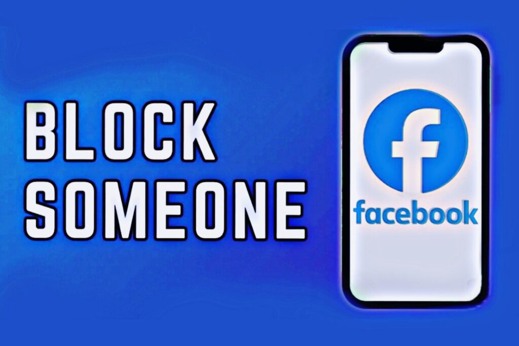 Visual guide showing the process of blocking someone on Facebook, highlighting key buttons and options on the screen.